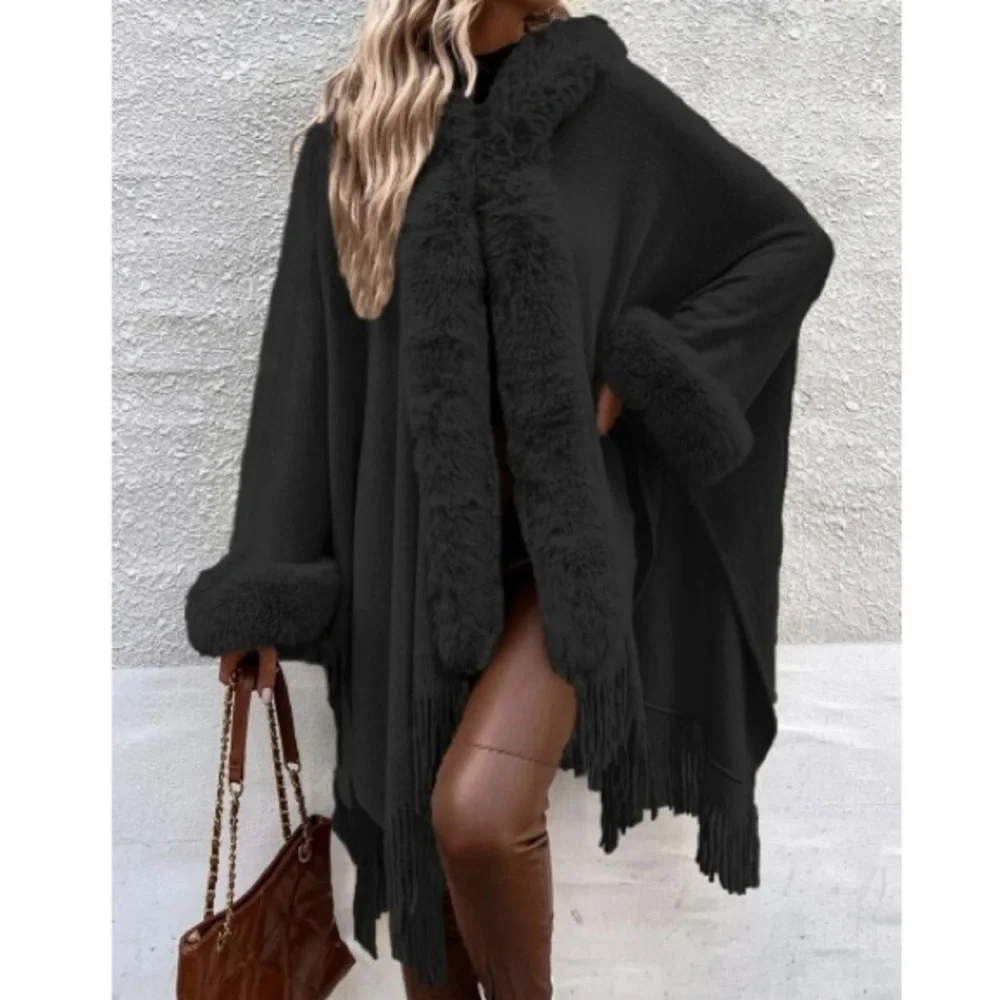 Cozy vegan fur dolman sleeve tssel poncho shawl scarf wrap cardigan - Picture 9 of 16